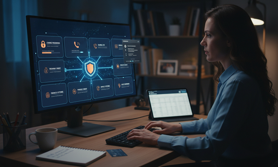 Mujer frente a un ordenador con iconos de seguridad en la pantalla.