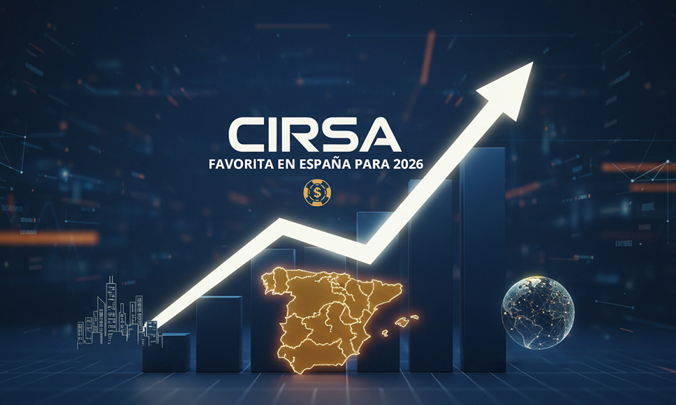 Gráfico de crecimiento con flecha ascendente y mapa de España junto al texto “CIRSA”.