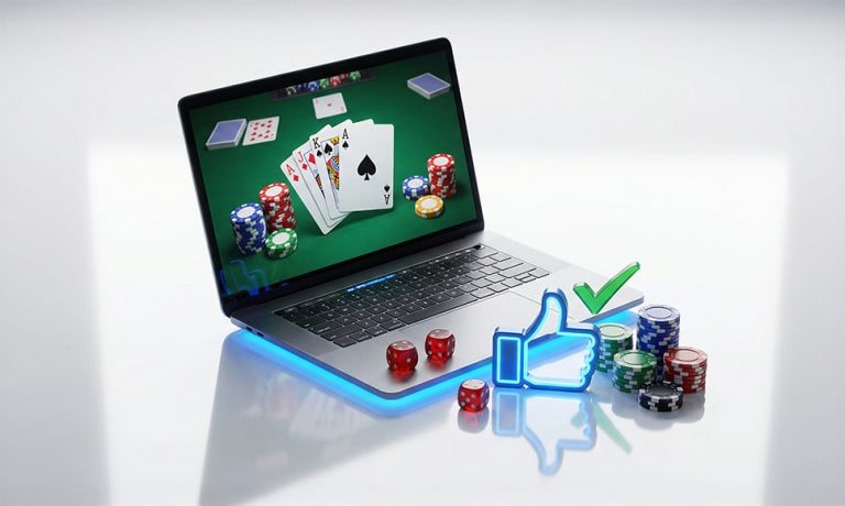 Portátil con cartas y fichas, iconos de “like” y verificación en primer plano.