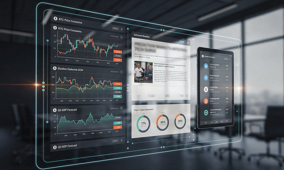 Panel digital transparente con gráficos y una tablet en una oficina.