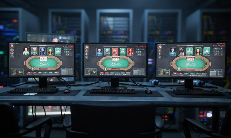 Granja de ordenadores con mesas de póker online en varias pantallas.