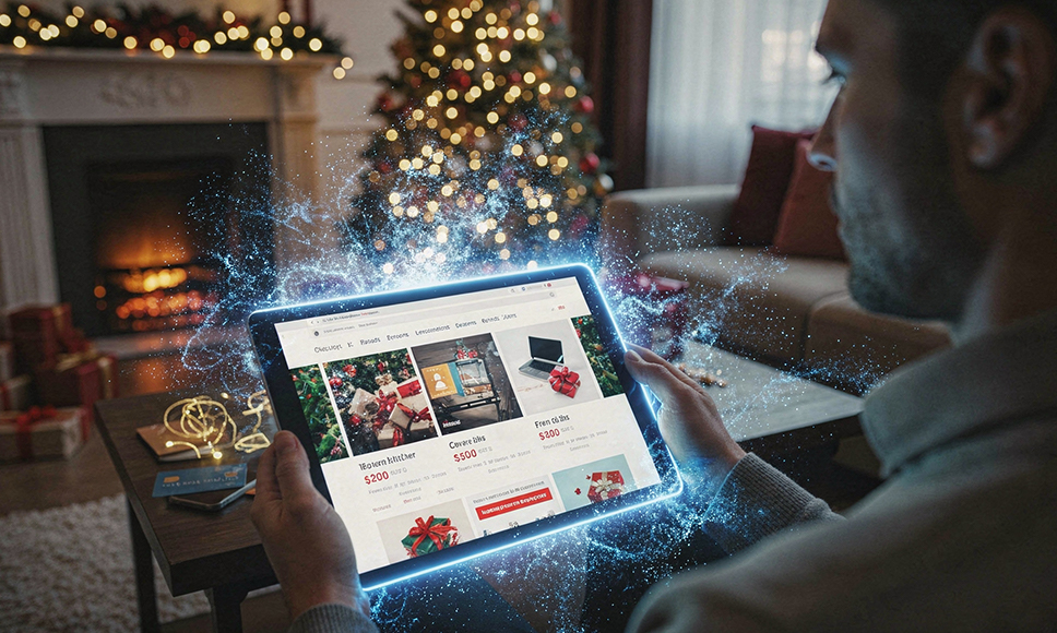 Hombre comprando online en una tablet con efecto digital de alerta, en un salón navideño.