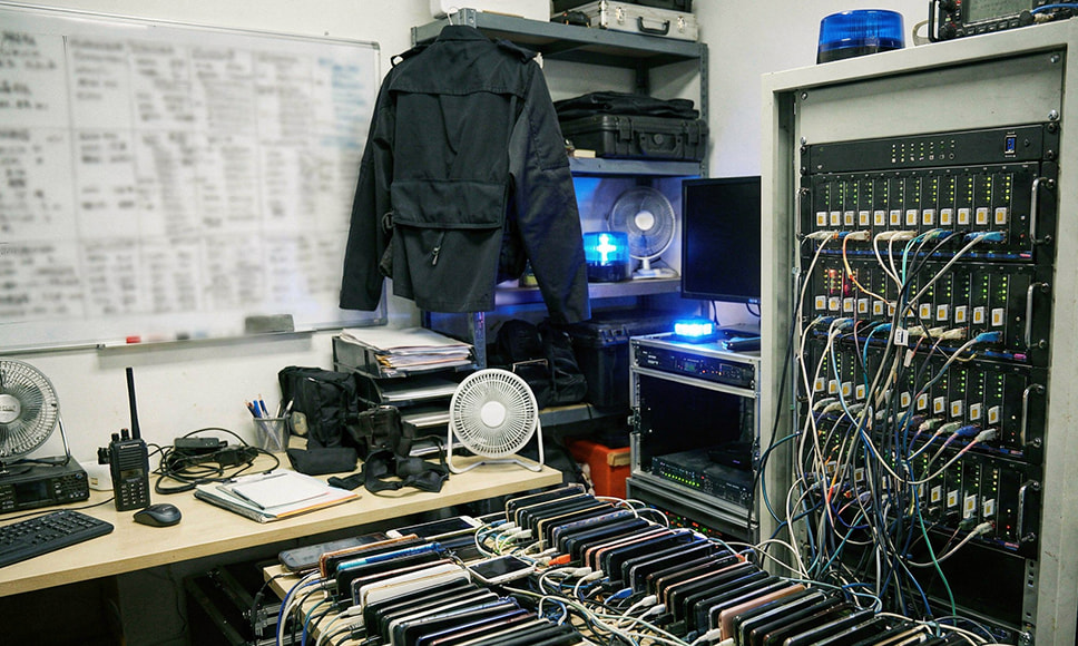 Oficina con servidores, móviles conectados y equipos incautados.