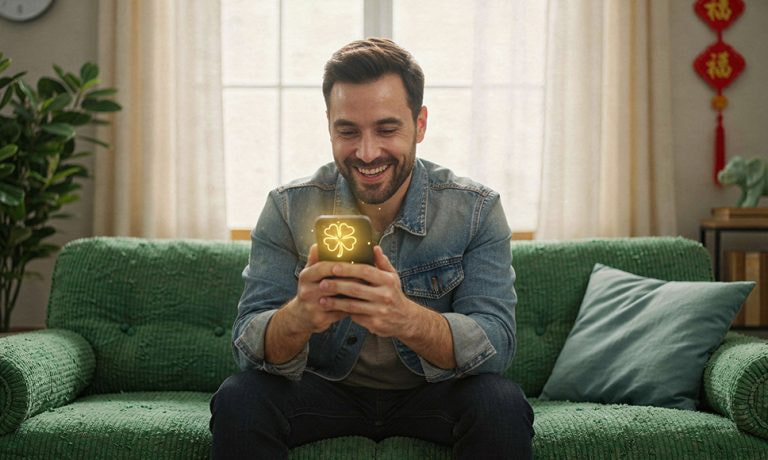 Hombre sonriendo en un sofá mientras mira el móvil con un trébol luminoso en la pantalla.