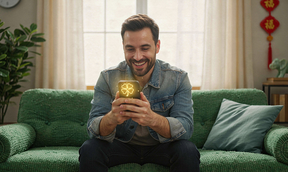 Hombre sonriendo en un sofá mientras mira el móvil con un trébol luminoso en la pantalla.