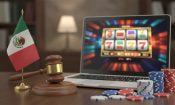 Bandera de México junto a un mazo judicial y un portátil con tragamonedas.