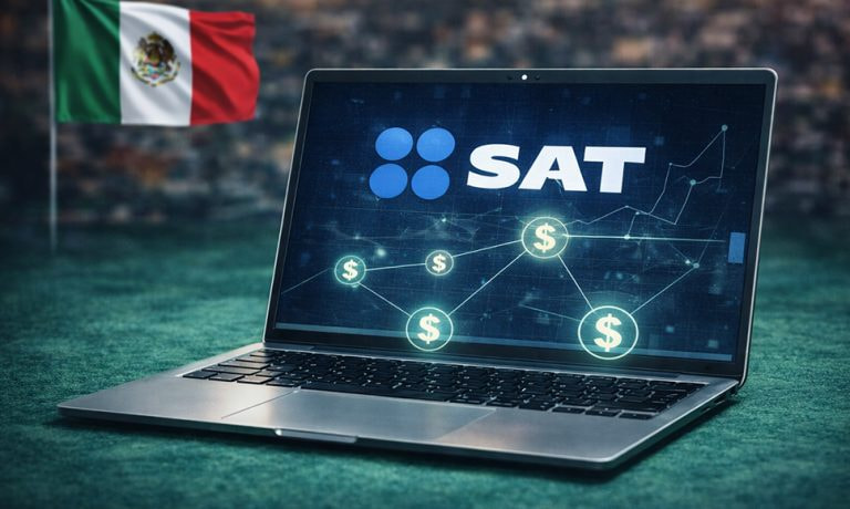 Portátil con logotipo del SAT y red de iconos monetarios.