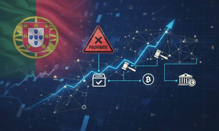 Bandera de Portugal junto a señal de “Prohibido” y gráfico financiero con iconos de bitcoin y justicia.