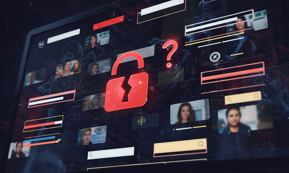 Pantalla digital con candado rojo y perfiles de usuarios.