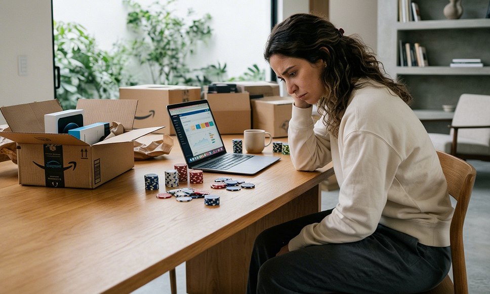 Mujer preocupada frente a portátil con fichas de casino sobre la mesa