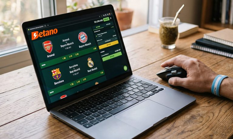 Portátil con web de apuestas deportivas abierta y mano usando ratón