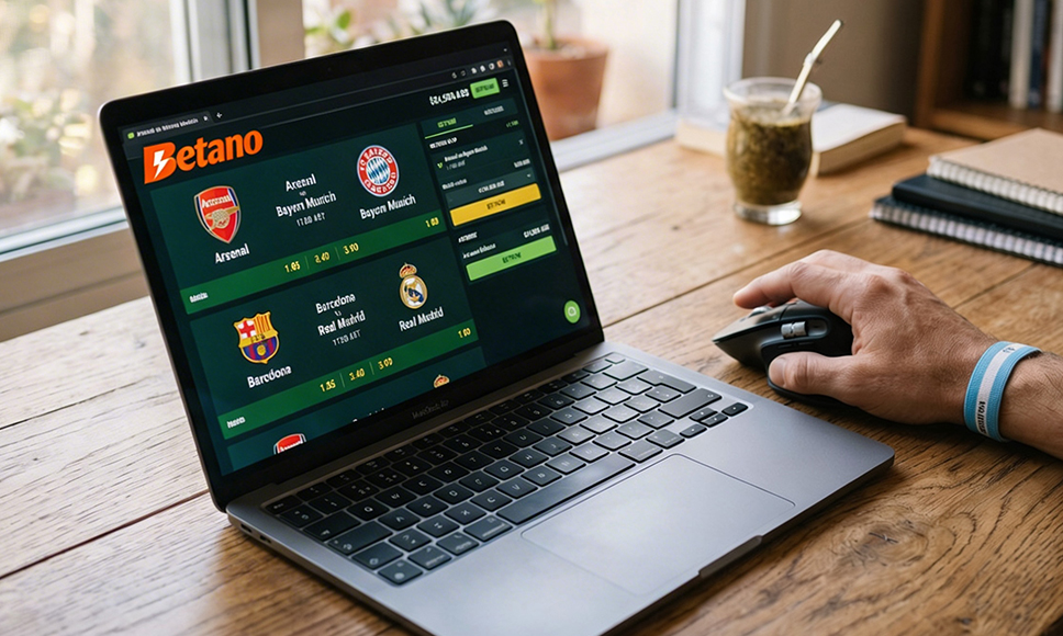 Portátil con web de apuestas deportivas abierta y mano usando ratón