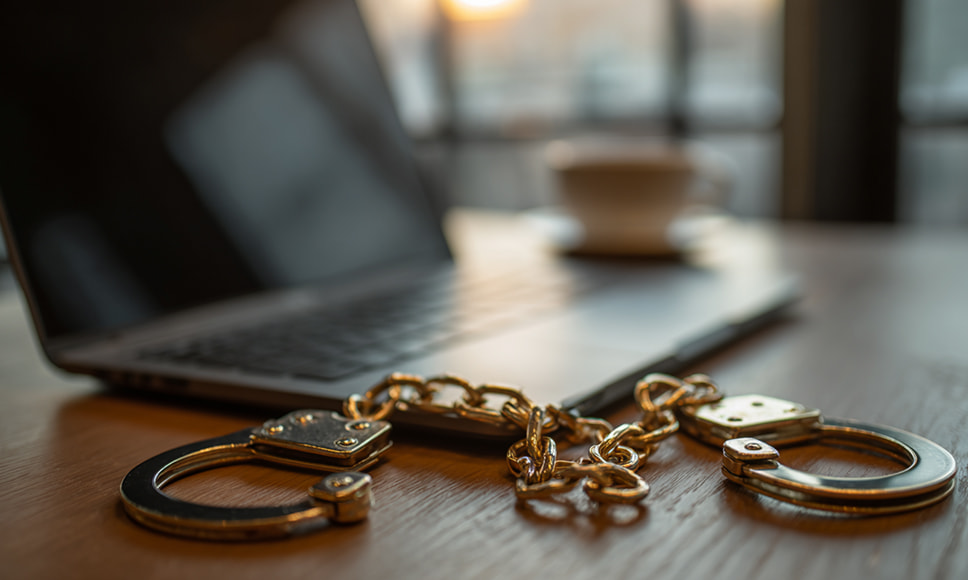 Esposas metálicas sobre una mesa, junto a un portátil desenfocado.