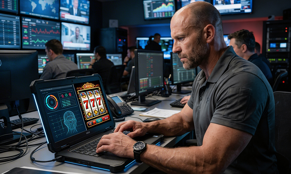 Hombre analizando datos en un portátil con gráficos y una interfaz de tragamonedas en una sala de control