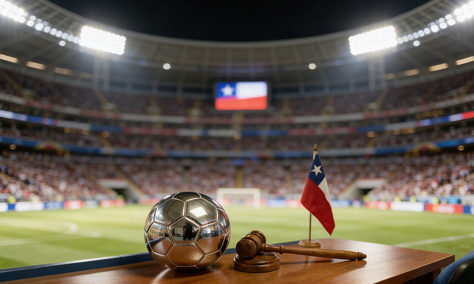 Balón de fútbol junto a un mazo judicial y una bandera de Chile en un estadio.