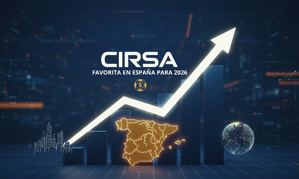 Gráfico de crecimiento con flecha ascendente y mapa de España junto al texto “CIRSA”.