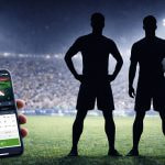 Teléfono móvil con aplicación de apuestas deportivas frente a dos futbolistas en estadio.