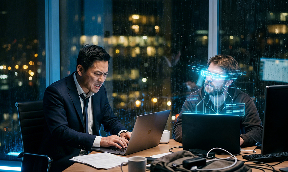 Hombre trabajando en un portátil junto a una figura digital con interfaz futurista en una oficina nocturna