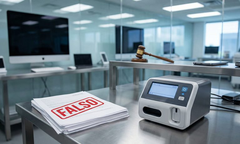 Mesa de laboratorio con máquina médica y documentos con sello rojo de “FALSO”.