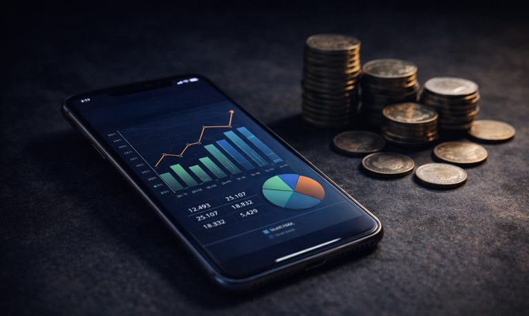 Móvil con gráficos financieros junto a pilas de monedas.