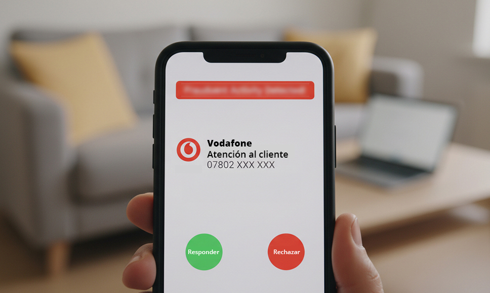 Teléfono con llamada entrante de soporte de Vodafone.