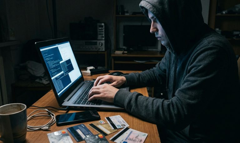 Persona con sudadera usando portátil con código y tarjetas bancarias sobre la mesa