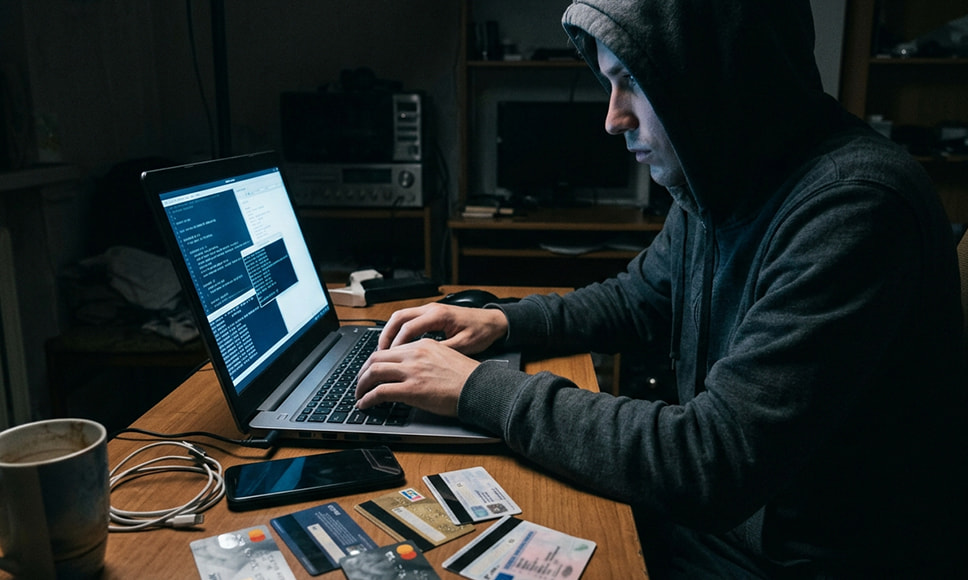Persona con sudadera usando portátil con código y tarjetas bancarias sobre la mesa