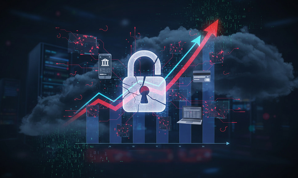 Candado agrietado sobre gráfico financiero y símbolos digitales de fraude bancario.