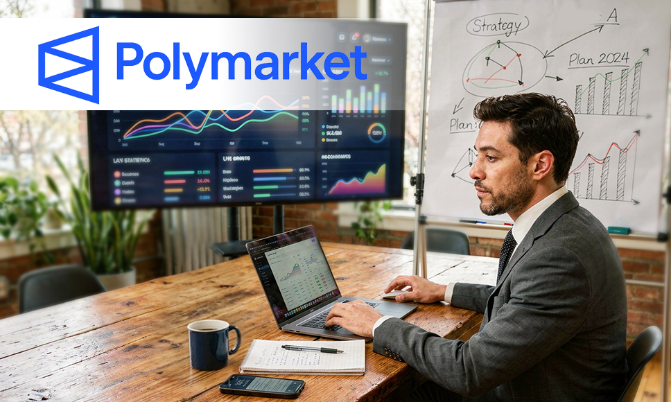 Hombre trabajando con gráficos financieros y pantalla con logo de Polymarket