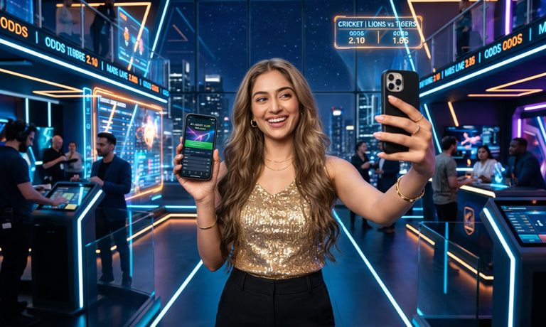 Mujer haciéndose un selfie con un móvil en un entorno de apuestas digitales con pantallas luminosas