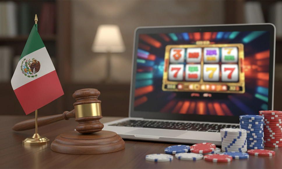 Bandera de México junto a un mazo judicial y un portátil con tragamonedas.