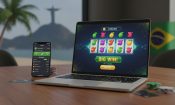 Portátil con tragaperras online y móvil con apuestas, con bandera de Brasil al fondo.