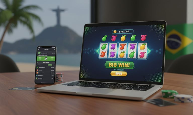 Portátil con tragaperras online y móvil con apuestas, con bandera de Brasil al fondo.