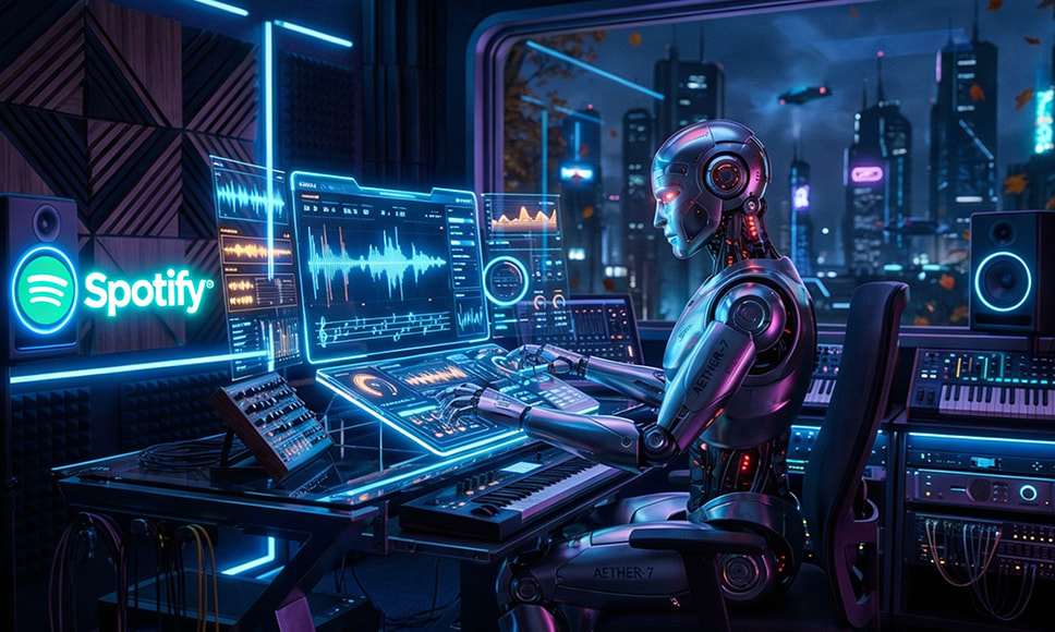 Robot creando música en estudio digital con logo de Spotify