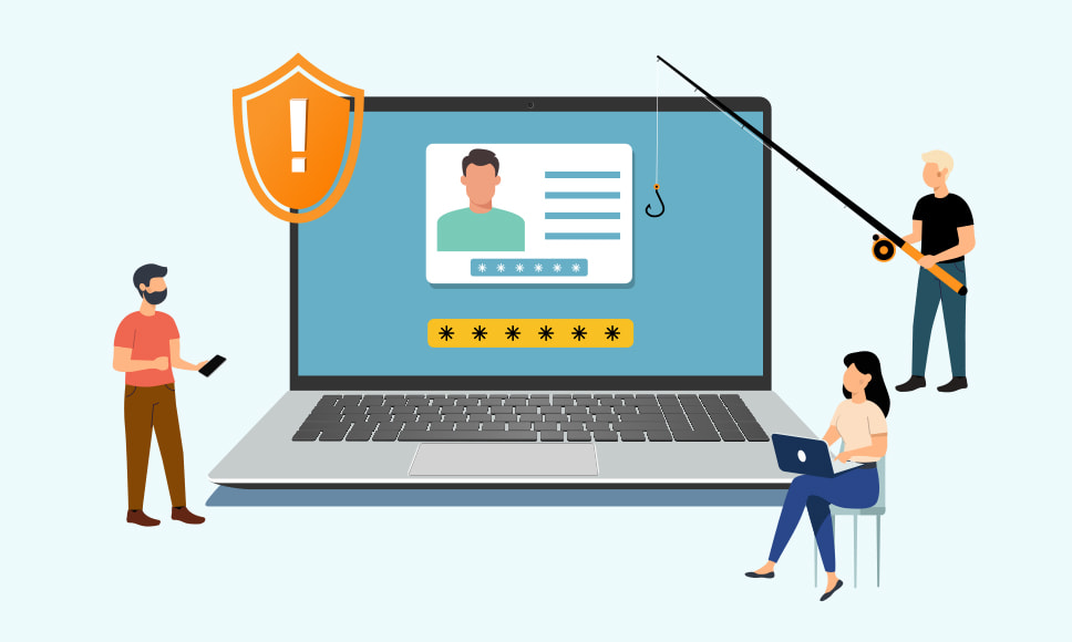 Ilustración de portátil con datos personales y anzuelo de phishing intentando robar información.