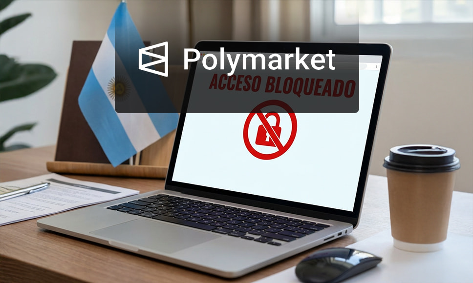 Pantalla de ordenador con error de acceso y múltiples intentos fallidos de inicio de sesión Portátil con mensaje de acceso bloqueado de Polymarket junto a bandera argentina