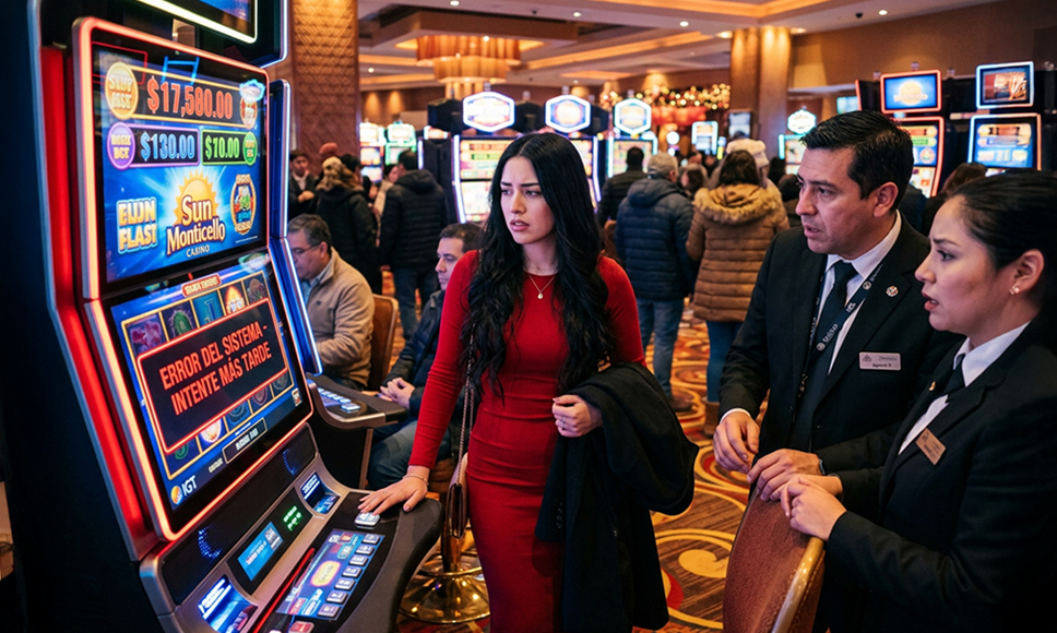 Máquina de tragaperras mostrando un error del sistema mientras empleados atienden a una jugadora en un casino.