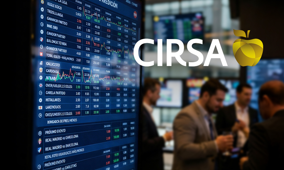 Hombres observando pantalla de apuestas con cuotas deportivas y logo de CIRSA
