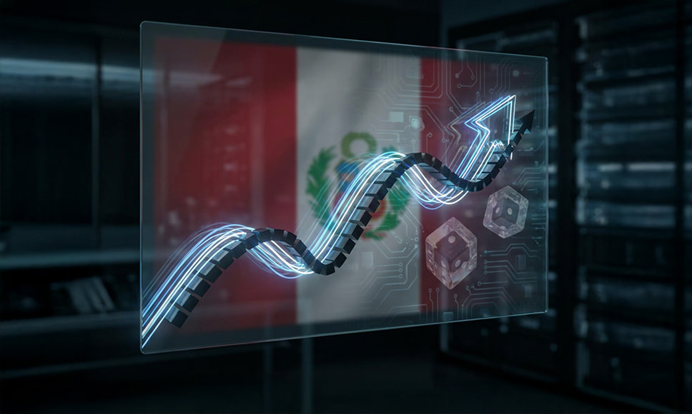 Gráfico digital de crecimiento con bandera de Perú y elementos de juego online