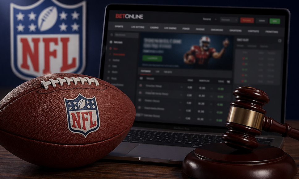 Balón de rudby junto a un mazo de juez, y con el logo de la NFL y un portátil de fondo.