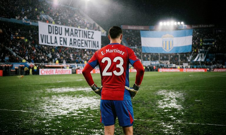 Portero de fútbol con camiseta número 23 frente a estadio y pancarta en gradas