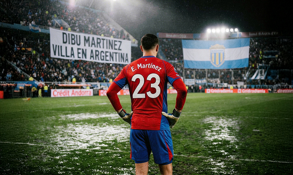 Portero de fútbol con camiseta número 23 frente a estadio y pancarta en gradas