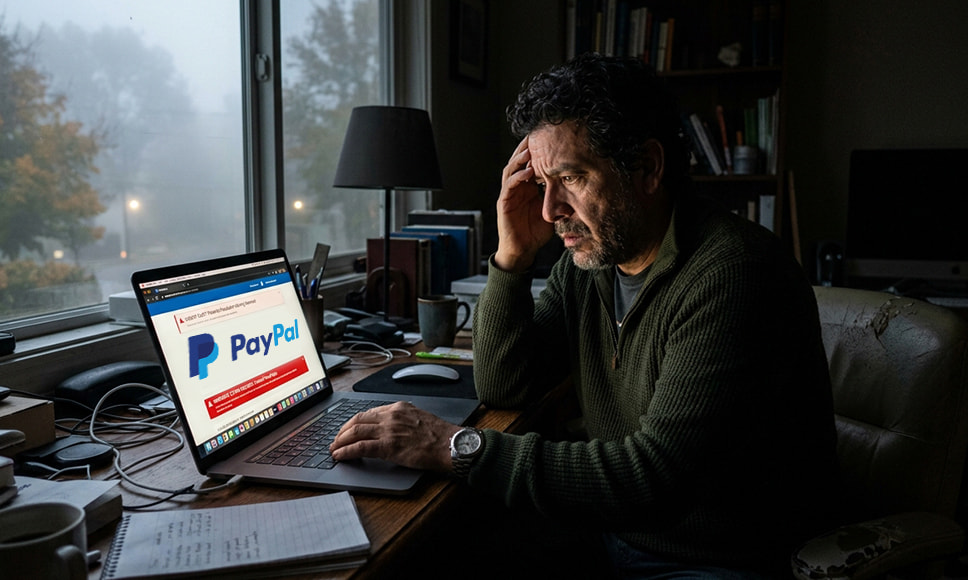 Hombre preocupado mirando un portátil con la página de PayPal en un escritorio doméstico