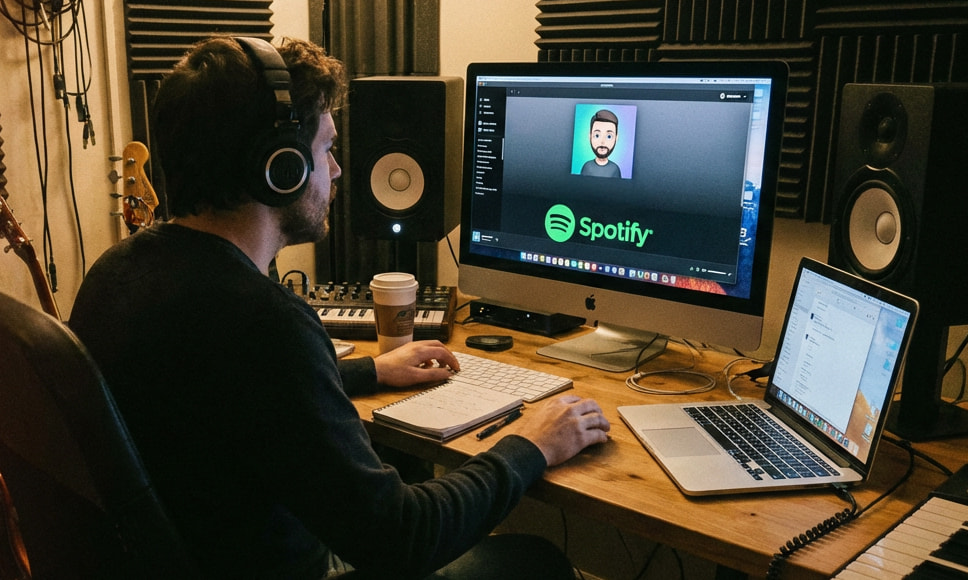 Hombre con auriculares trabajando en estudio musical frente a ordenador con Spotify