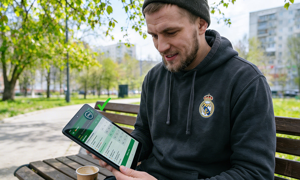 Hombre sentado en un banco usando una tablet con página de apuestas deportivas visible