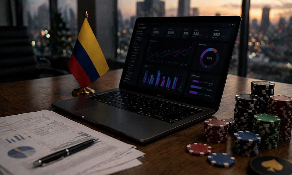 Un portátil junto a una bandera de Colombia, unos documentos y unas fichas de casino