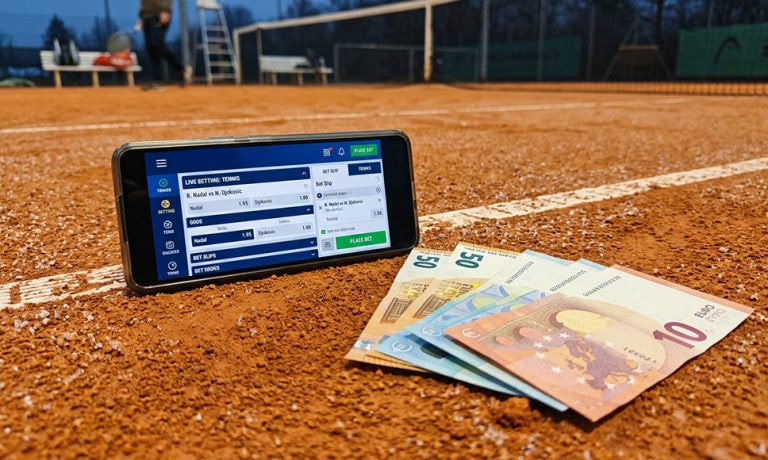 Teléfono móvil con apuestas de tenis junto a billetes en una pista de tierra batida