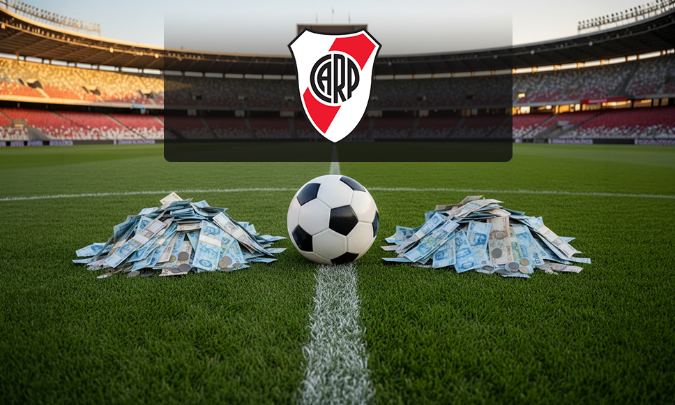 Balón de fútbol en estadio con montones de dinero y escudo de River Plate
