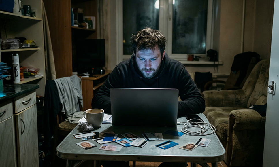 Hombre usando portátil con múltiples documentos y tarjetas sobre la mesa