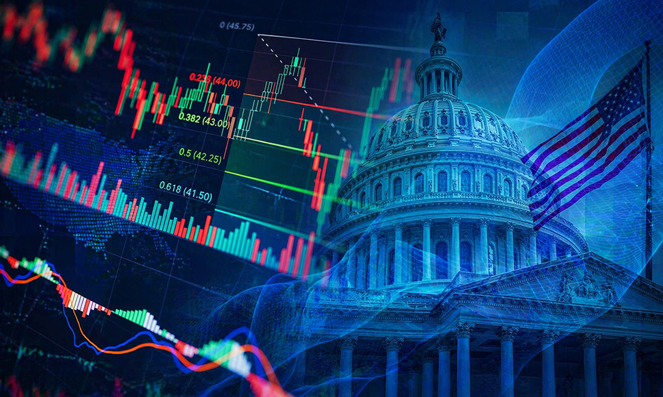 Edificio del Capitolio de Estados Unidos con bandera y gráficos bursátiles superpuestos en azul.
